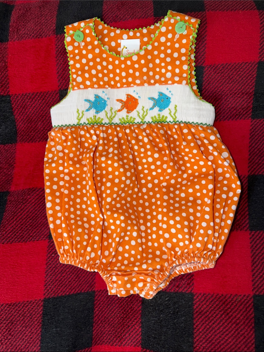 Baby girls Smocked Orange Polka Dot Baby Romper with Fish Embroidery